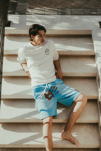 Handprint Shorts - Sky Blue & Burgundy